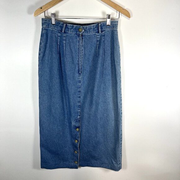 Y2K‎ Vtg 90s BRITISH KHAKI ROBERT LIGHTON Long Pencil Blue Denim Jean Skirt Sz 8 - Picture 4 of 8